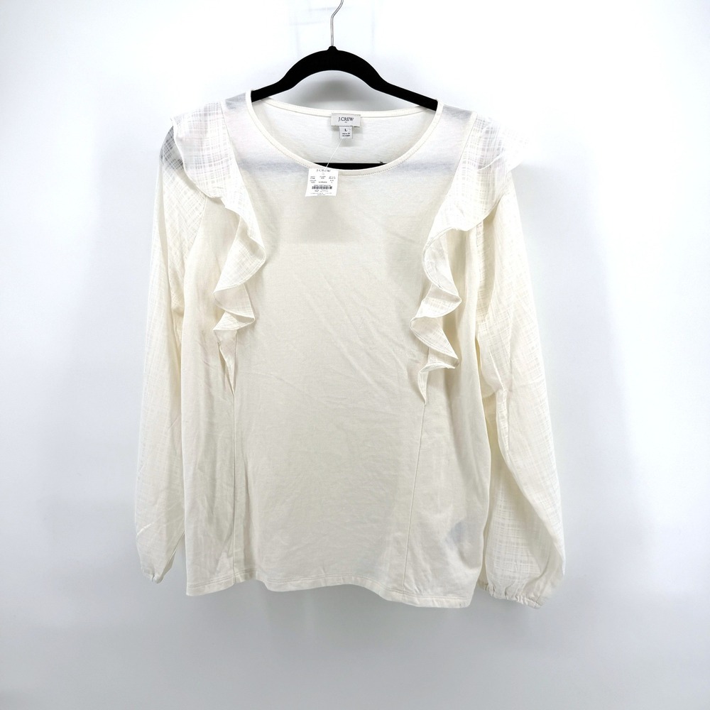 J.Crew Blouse Ruffle Front Mixed Media Large Ivory‎ Womens NWT Long Sleeve Top